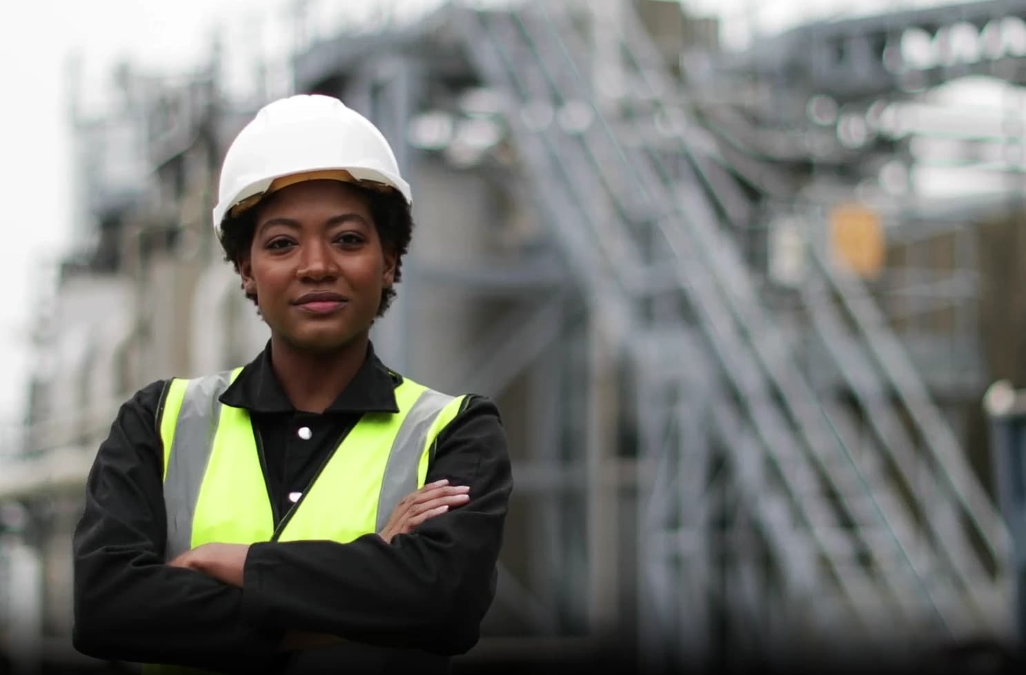 A woman in a white hard hat faces the camera with an blurred industrial background behind her.